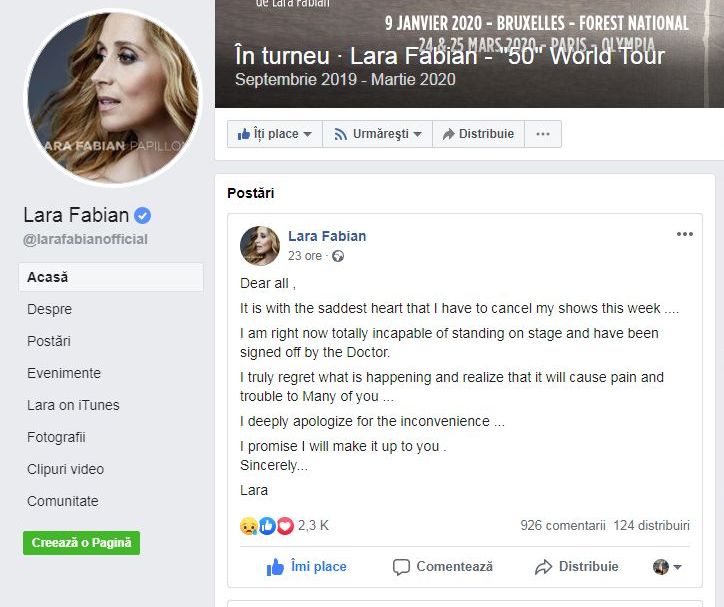 Mesajul postat de Lara Fabian pe Facebook